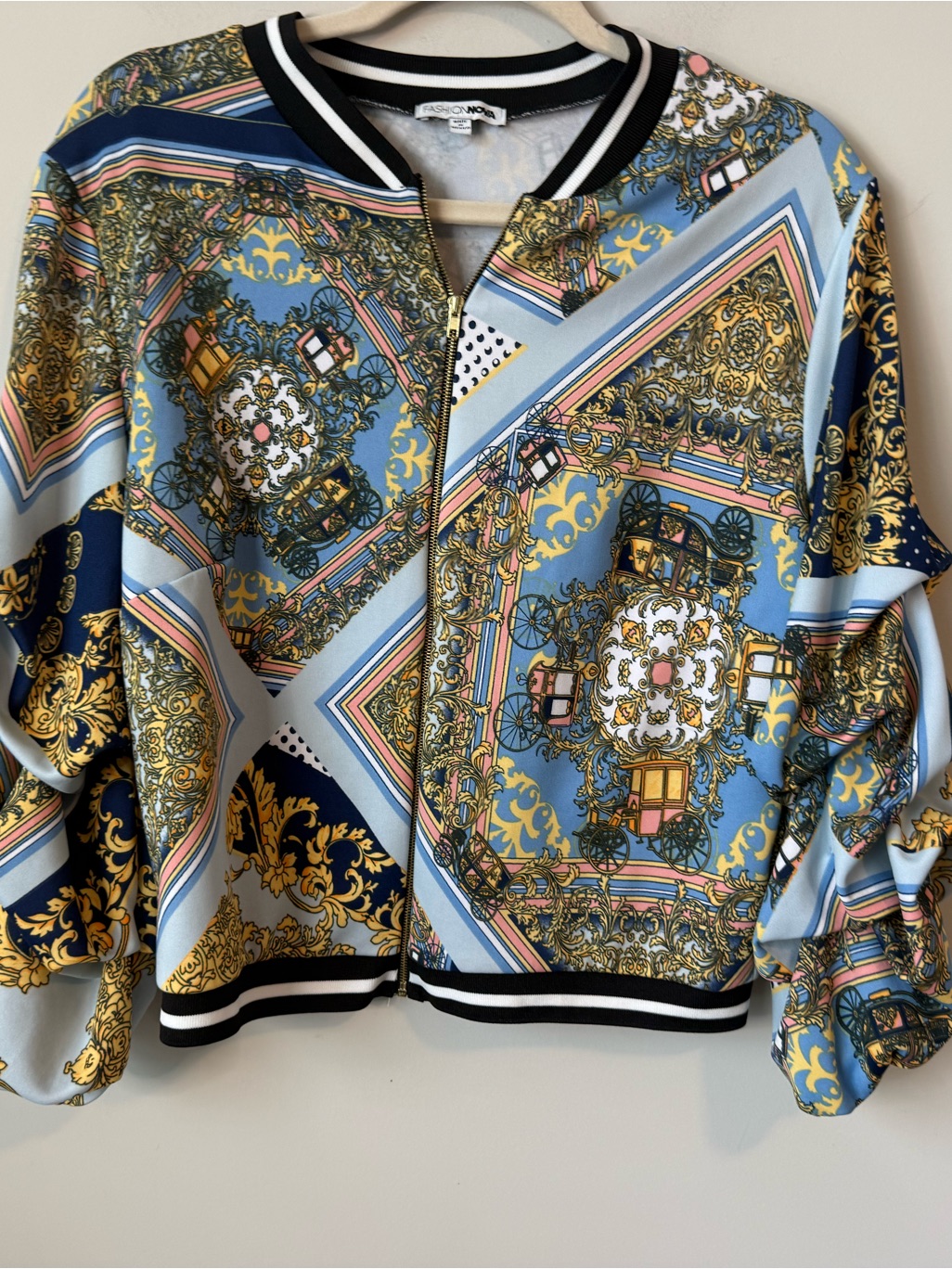 Fashion Nova Carriage Gold Baroque-Print Bomber Jacket Size 1x